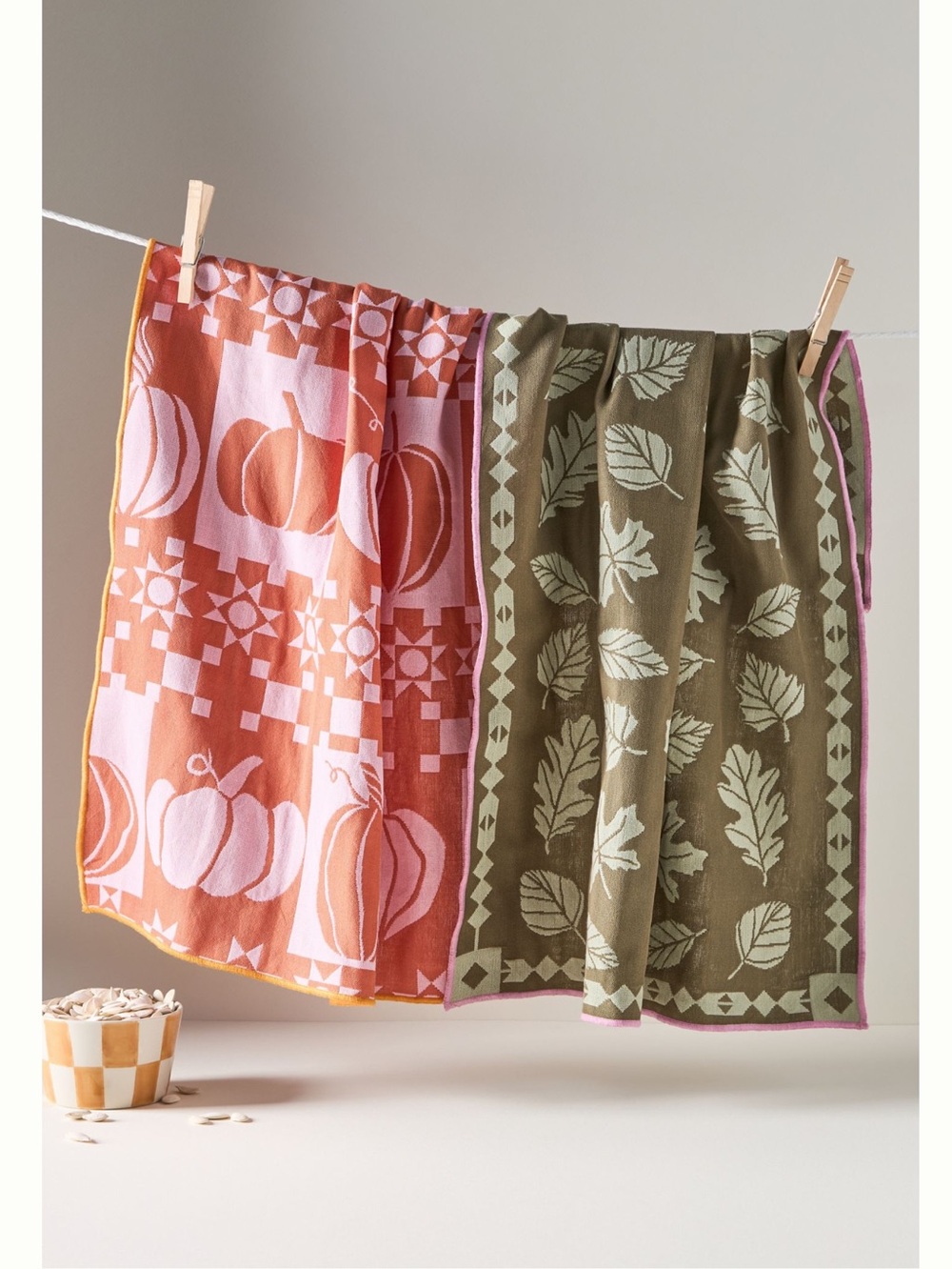 Anthropologie Jacquard Dish Towels New Fall Leaves Pumpkin Set of 2